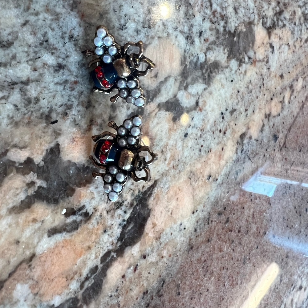 Bee Shaped Earrings with Pearl and Red Accents